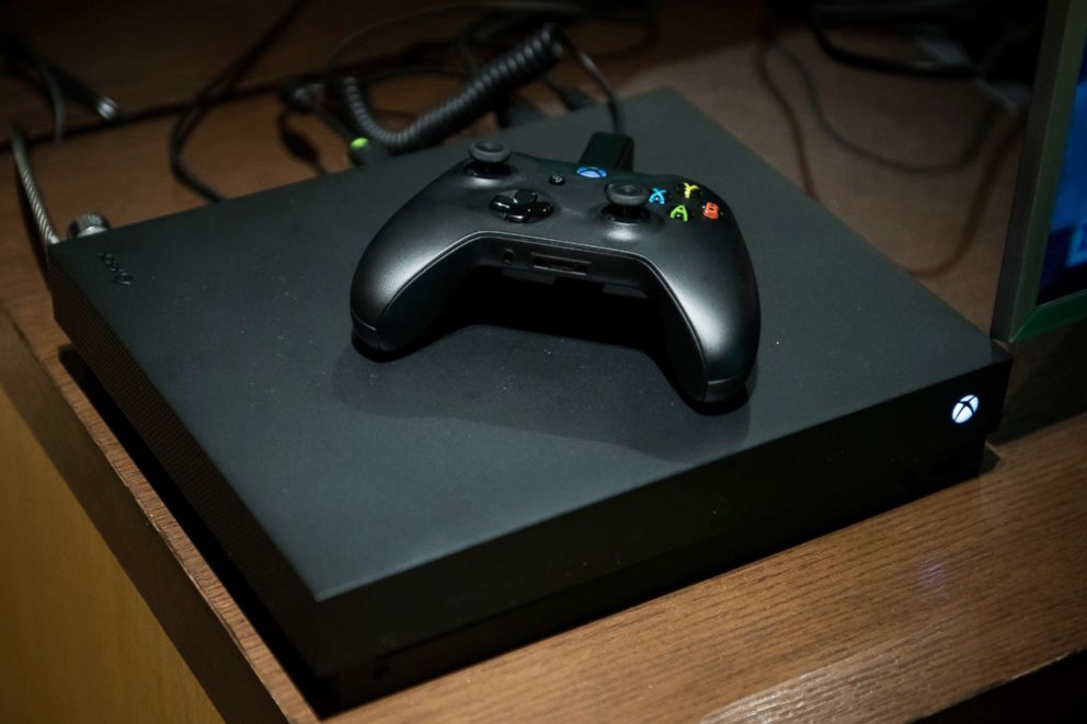 PHOTO: An Xbox One X game console sits on display during the Microsoft Corp. global launch event in New York, Nov. 6, 2017. 
