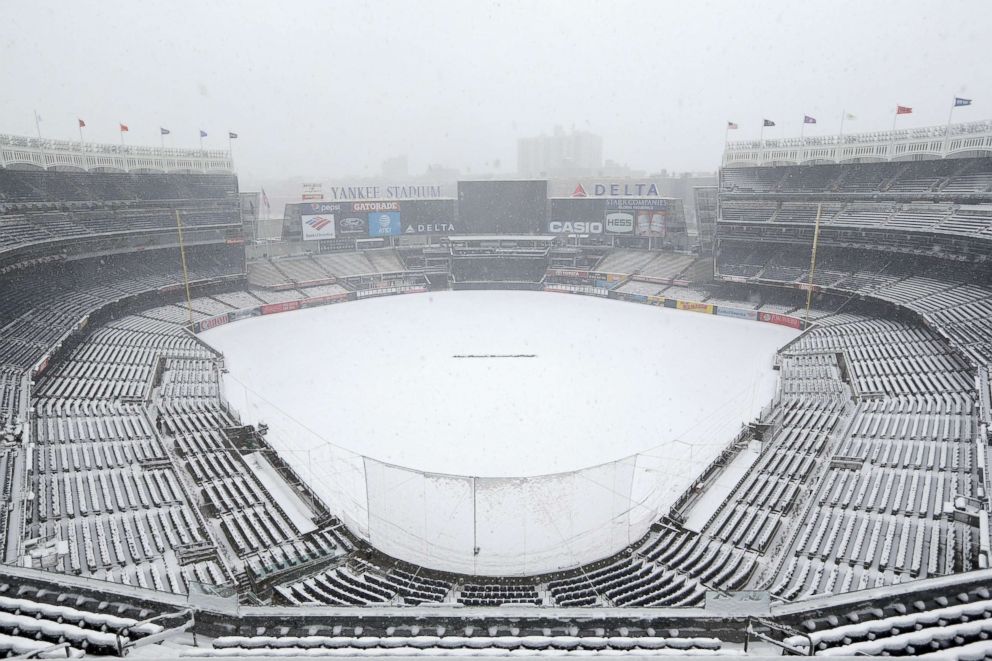 PHOTO: Snow covers the field before a scheduled New York Yankees' home opener game against the Tampa Bay Rays at Yankee Stadium, April 2, 2018 in New York.