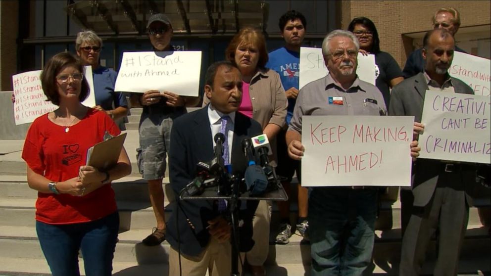 PHOTO: Supporters of 14-year-old Ahmed Mohamed, who was arrested this week, petition to have his school suspension overturned in Irving, Texas, Sept. 18, 2015.