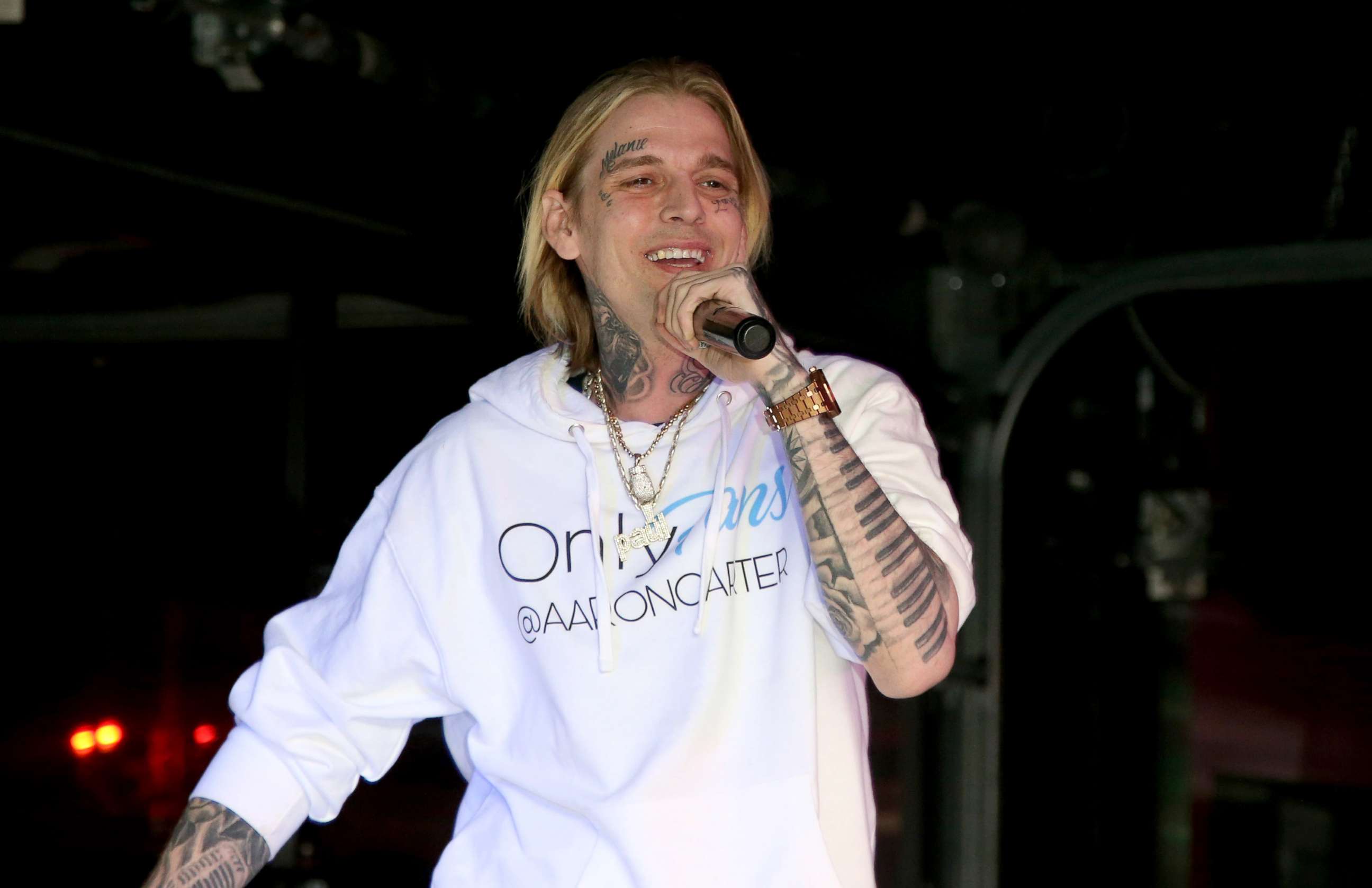 PHOTO: Singer and producer Aaron Carter arrives at the "Kings of Hustler" male revue on Feb. 12, 2022 in Las Vegas.