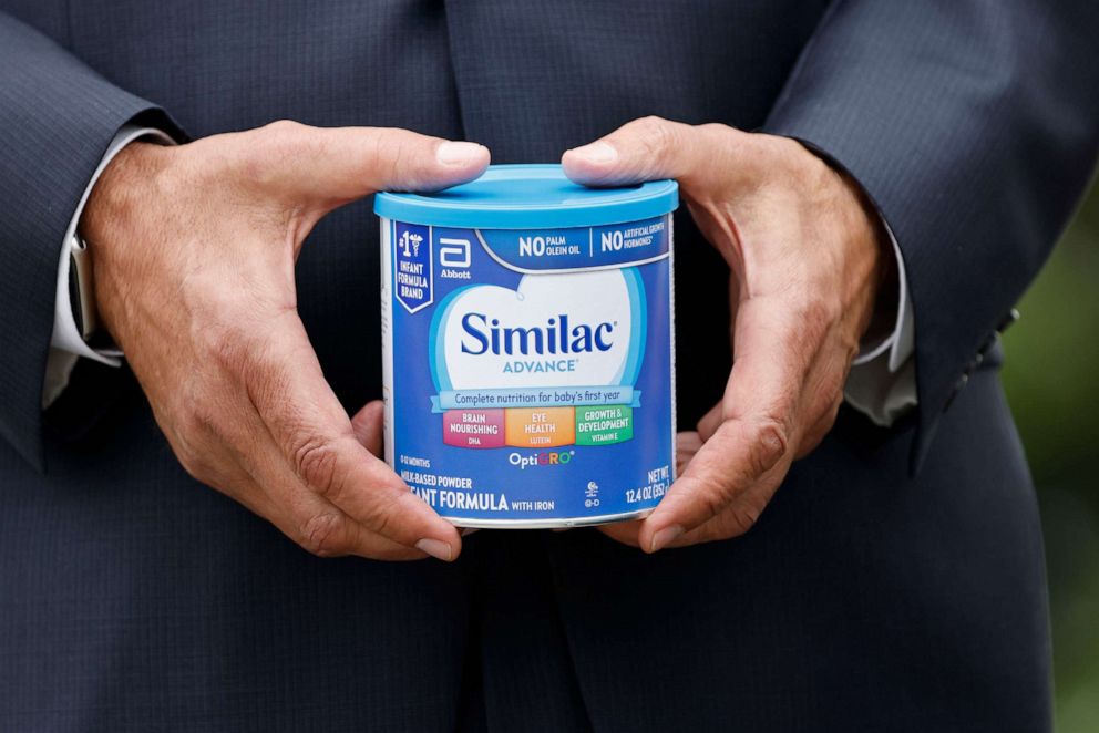 PHOTO: In this May 12, 2022, file photo, a House member holds a can of Similac infant formula during a news conference about the shortage of baby formula outside the US Capitol in Washington, D.C.