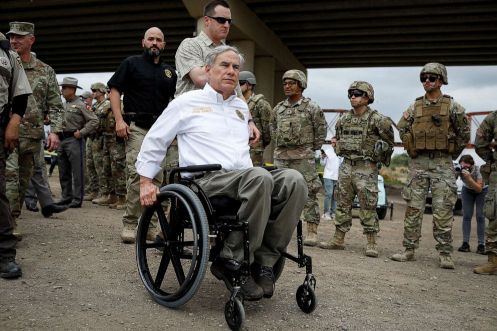 PHOTO: In this May 23, 2022, file photo, Texas Governor Greg Abbott leaves after a visit to the north banks of the Rio Grande in Eagle Pass, Texas.