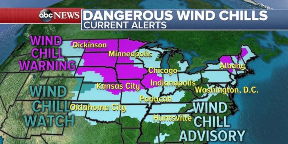 There are alerts across much of the country on Dec. 31, 2017 due to very cold air and wind chill temperatures.