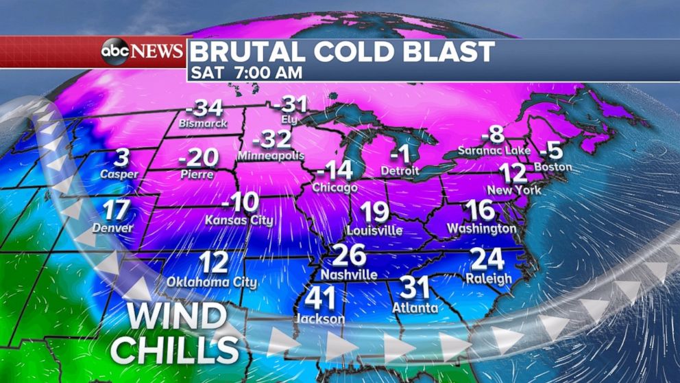 Much of the eastern half of the country is experiencing a brutal cold blast on Saturday morning.