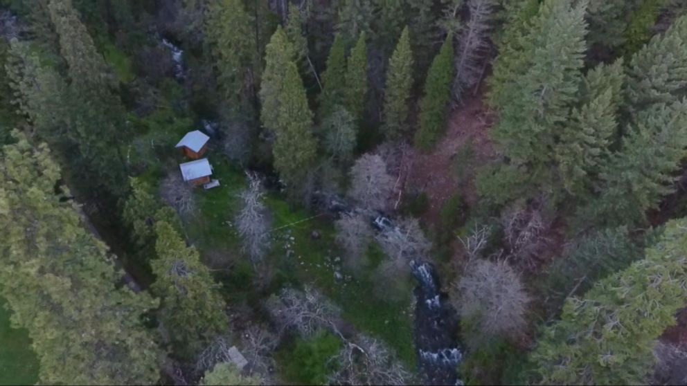 A birds-eye view of the two cabins where police found Elizabeth Thomas and Tad Cummins in northern California.