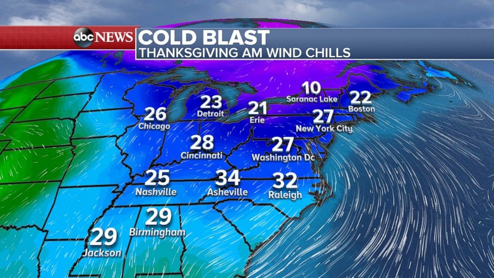 A cold blast is hitting much of the East this Thanksgiving morning.