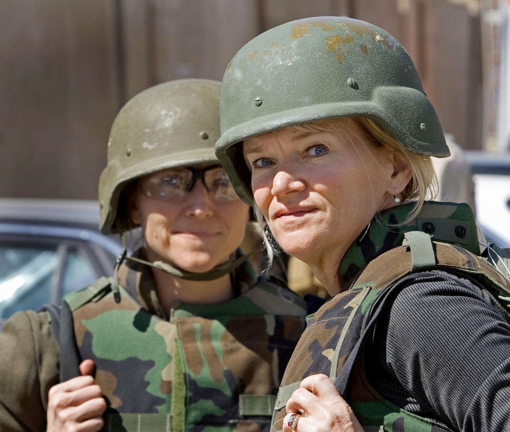 PHOTO: ABC News' Chief White House correspondent Martha Raddatz stands next to her producer Ely E. Brown on her 16th trip into Iraq, March 17, 2008.