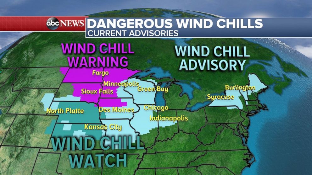 Wind chill advisories are in place across much of the Great Plains and Midwest, as well as northern New York and New England.
