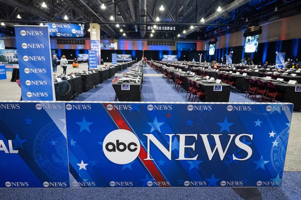 PHOTO: Workers complete preparations on the media filing center and spin room for the ABC News Presidential Debate between Democratic candidate Vice President Kamala Harris and former President Donald Trump, in Philadelphia, Sept. 9, 2024.