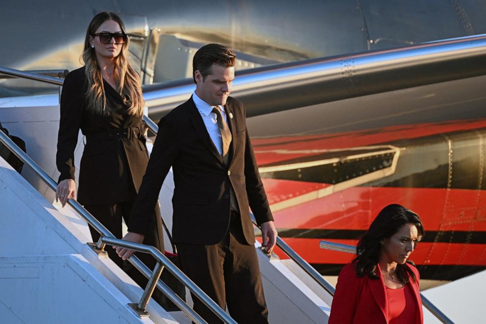 PHOTO: Rep. Matt Gaetz and former Rep. Tulsi Gabbard step off the plane after former President and Republican presidential candidate Donald Trump arrived in Philadelphia, Sept. 10, 2024. 