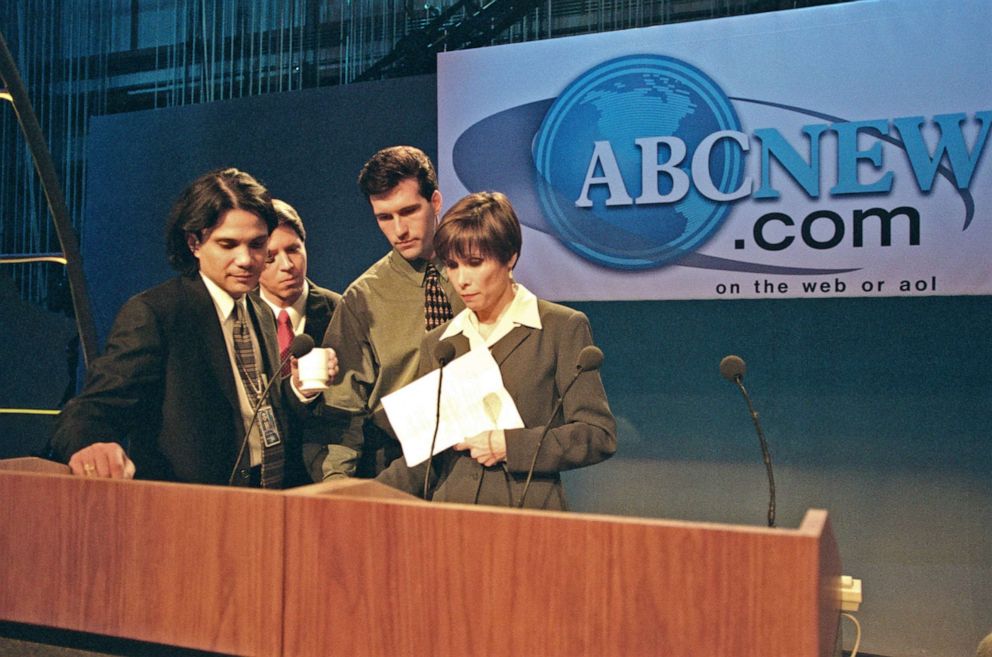 PHOTO: Members of the ABC Digital News team gather during a press conference announcing the creation of ABCNews.com, on May 15, 1997.