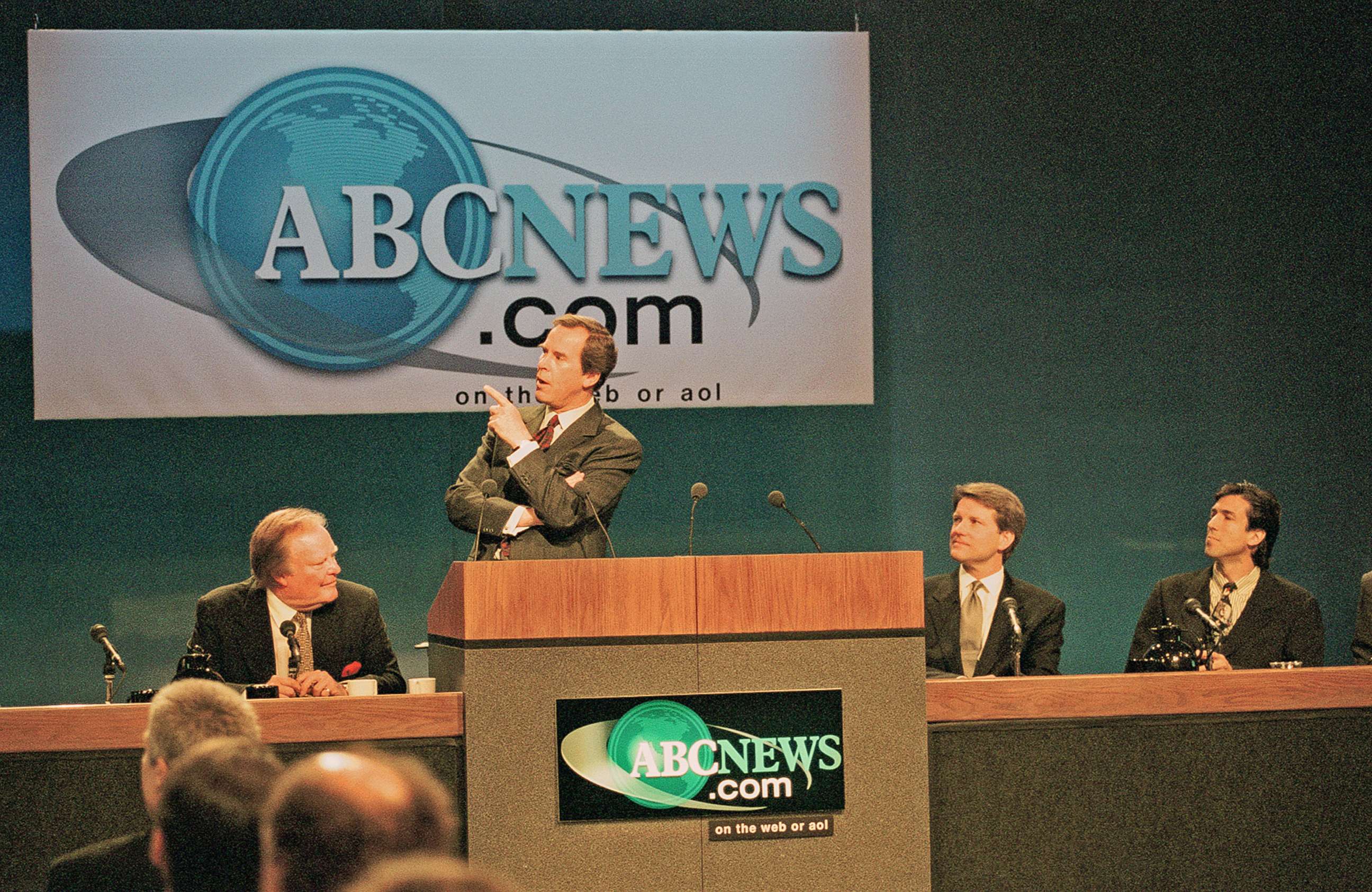 PHOTO: ABC executives including Roone Arledge, David Westin and anchor Peter Jennings hold a press conference announcing the creation of ABCNews.com on May 15, 1997.
