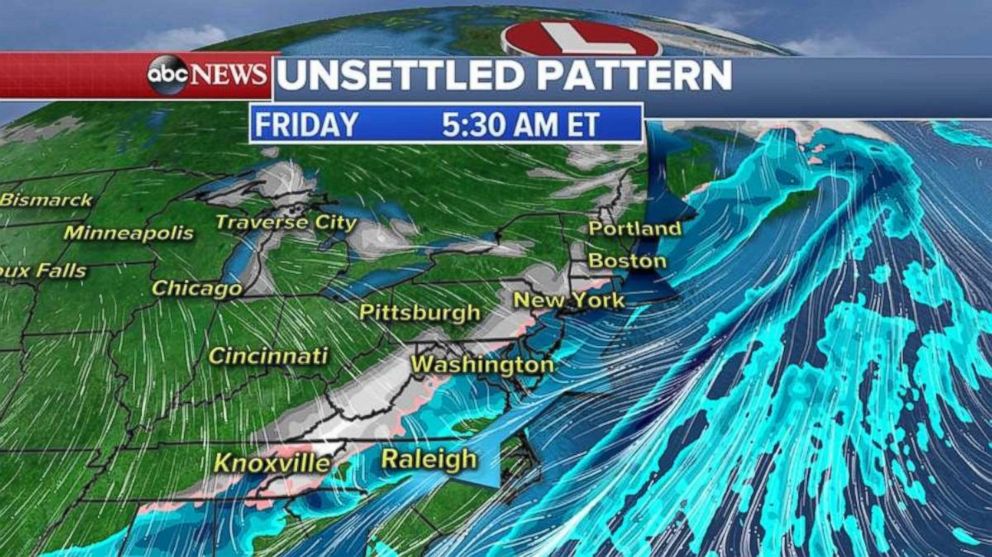 Snow and rain will cover much of the East Coast early Friday morning.