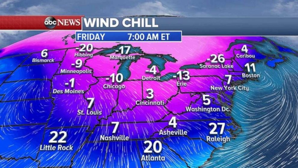 Wind chill readings on Friday morning will be very cold across much of the eastern U.S.