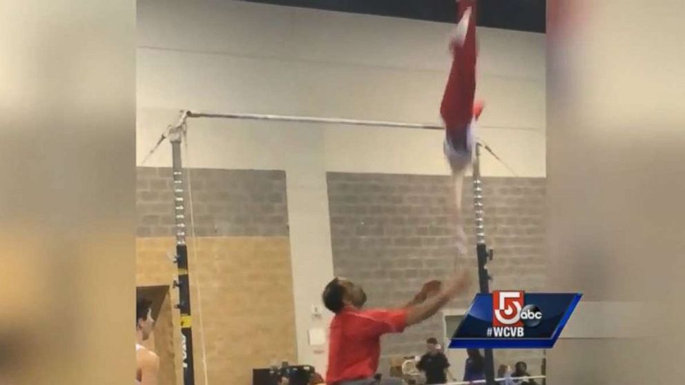 Noah Viera slipped off the high bar during warmups before a meet this weekend, before being saved from injury by his coach.