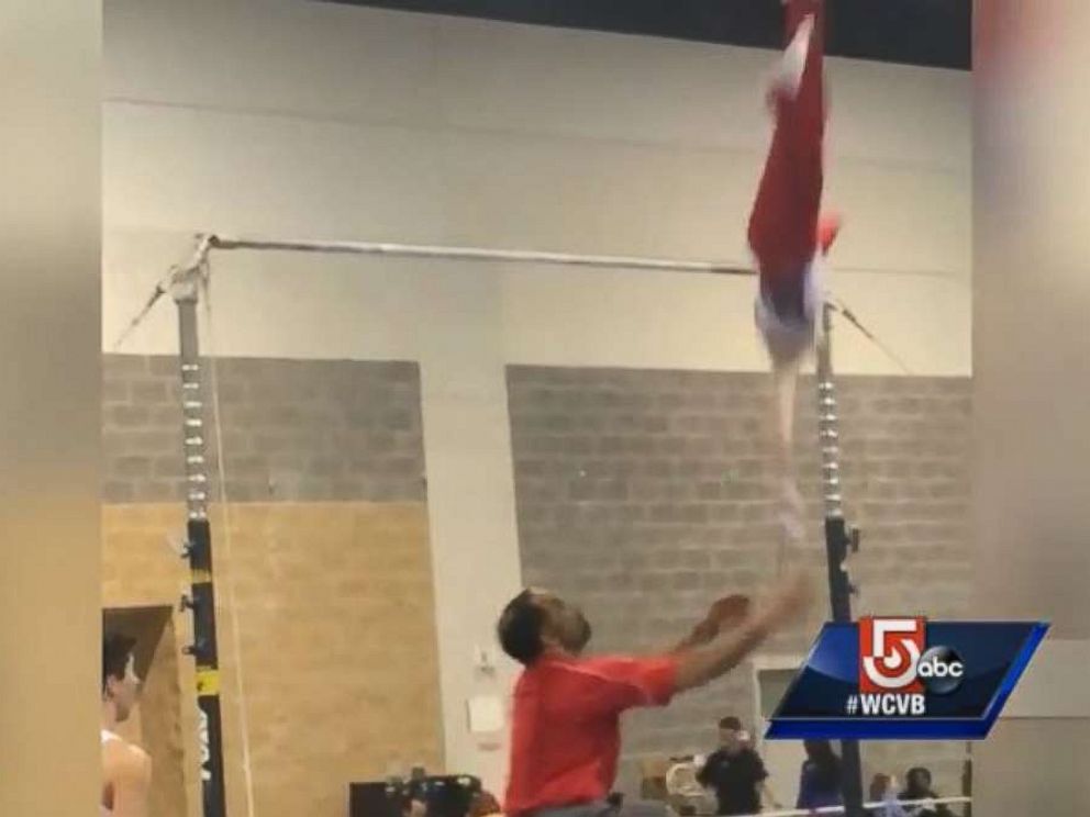 Noah Viera slipped off the high bar during warmups before a meet this weekend, before being saved from injury by his coach.