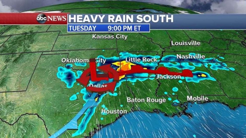A storm system is bringing heavy rains to Texas, Oklahoma and Arkansas on Tuesday.