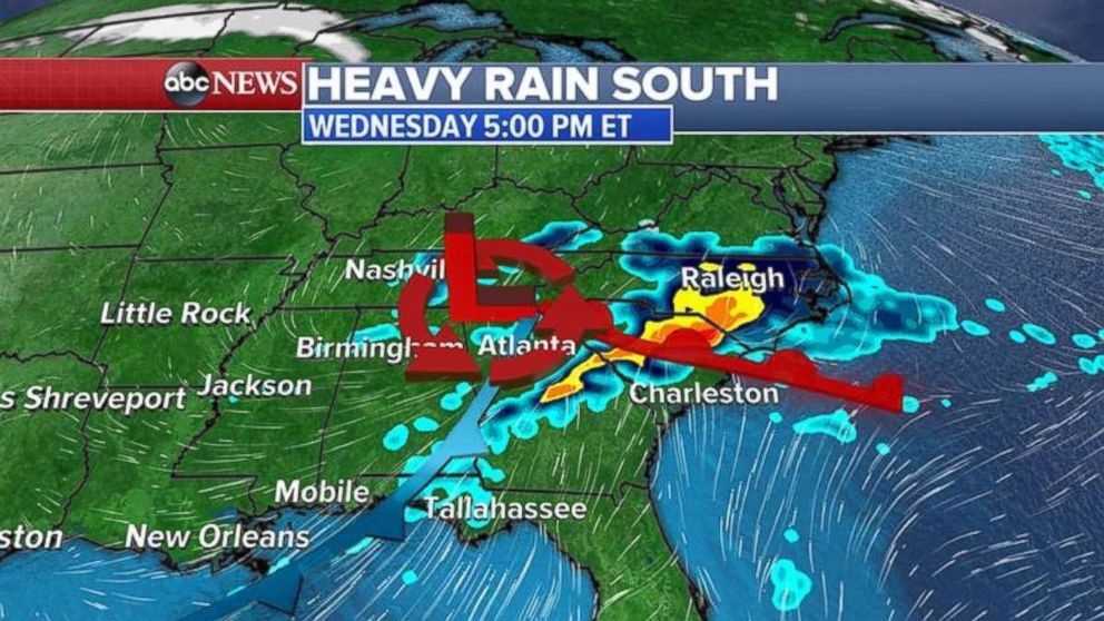 The storm system will move into the Southeast on Wednesday.