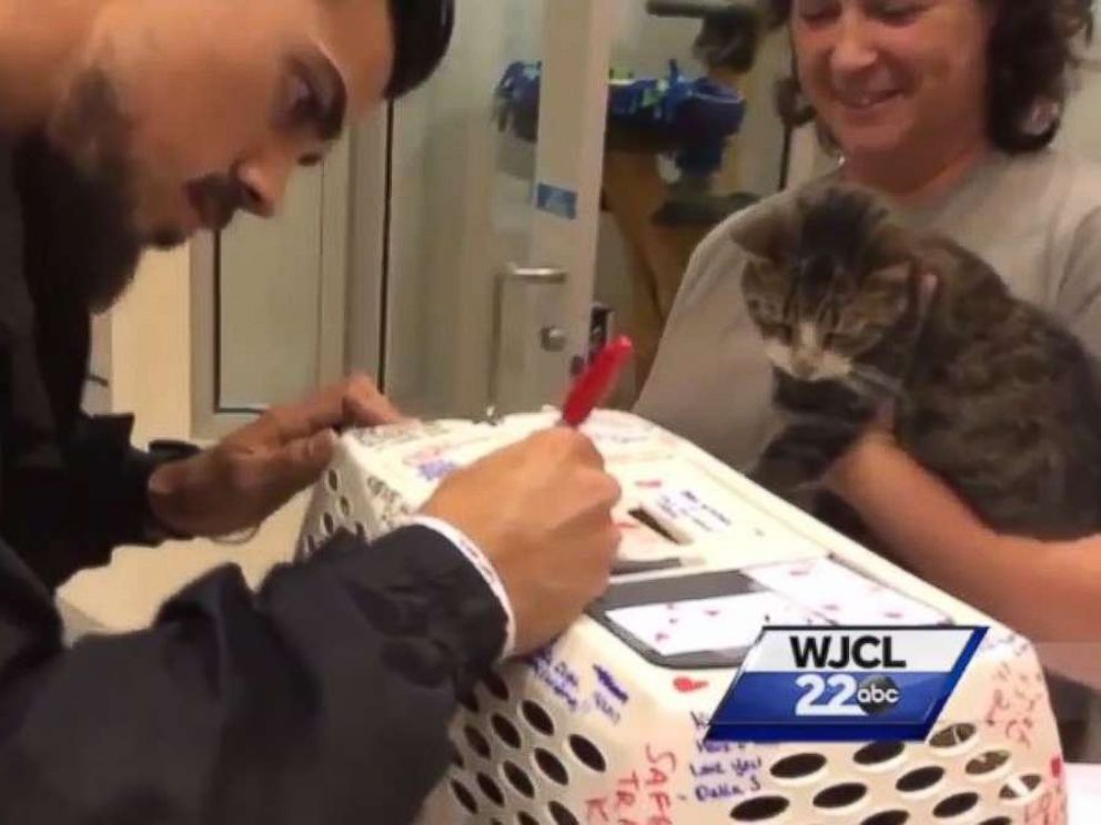 ASPCA workers in Riverside, Calif., wrote messages on Kitty Bittys carrier for the Cameron family.