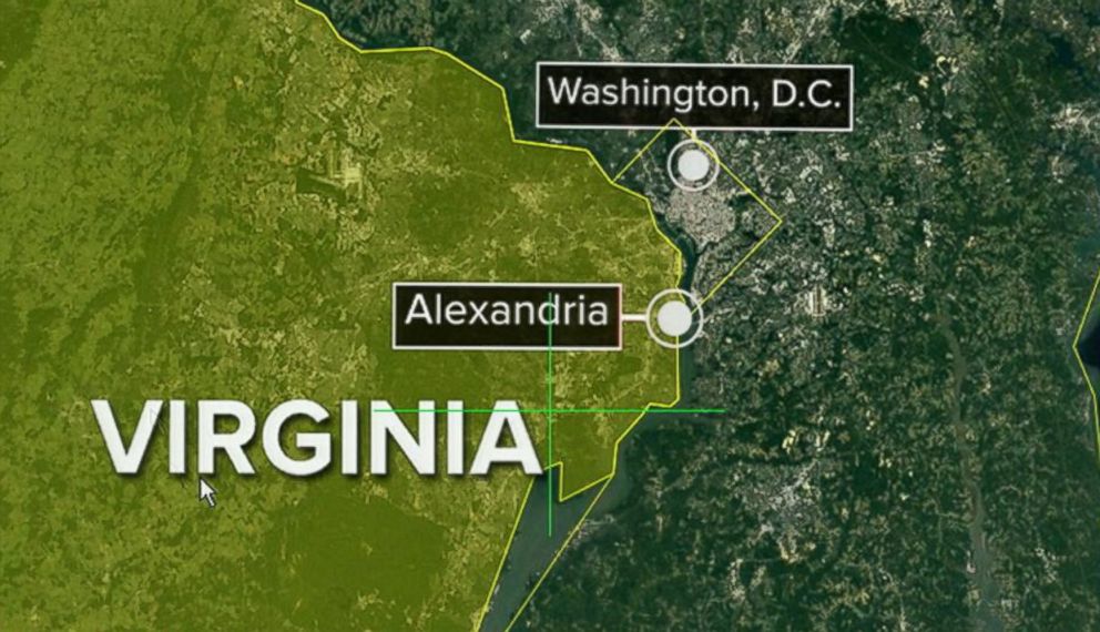 PHOTO: Map showing location of Alexandria, Virginia and Washington, D.C. where shots were fired near where congressmen were gathered, June 14, 2017. 
