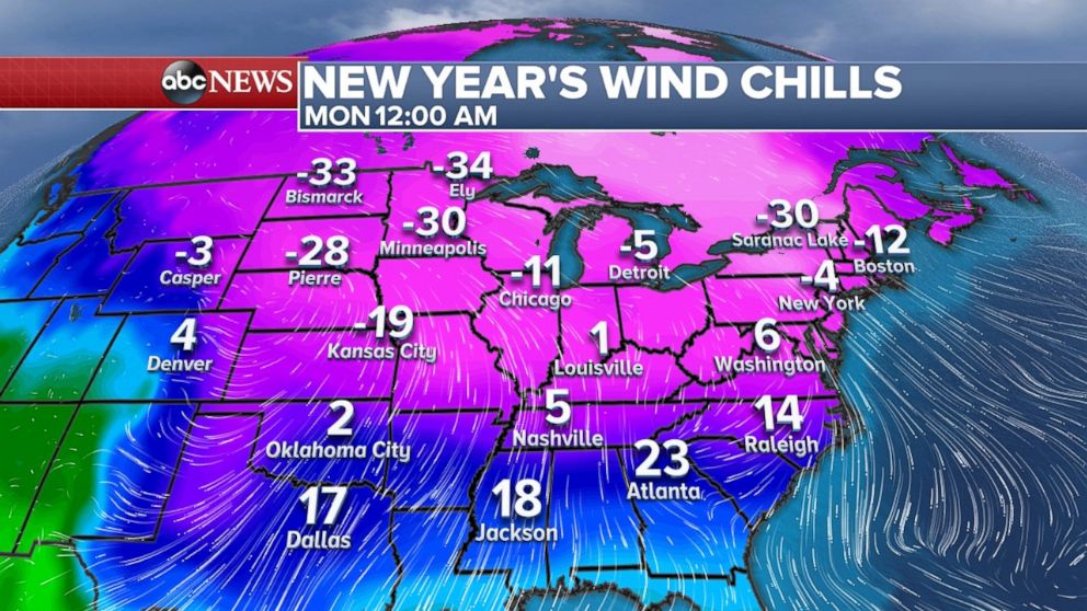 Wind chills when the new year hits will be well below average across much of the country.