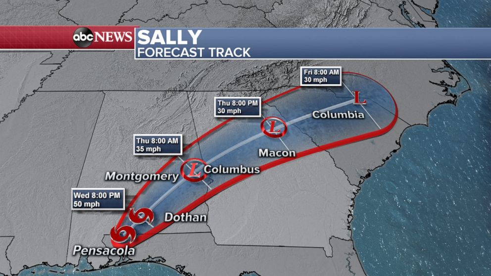 PHOTO: An ABC News weather map shows predictions for the Sally forecast track through Friday, Sept. 18, 2020.