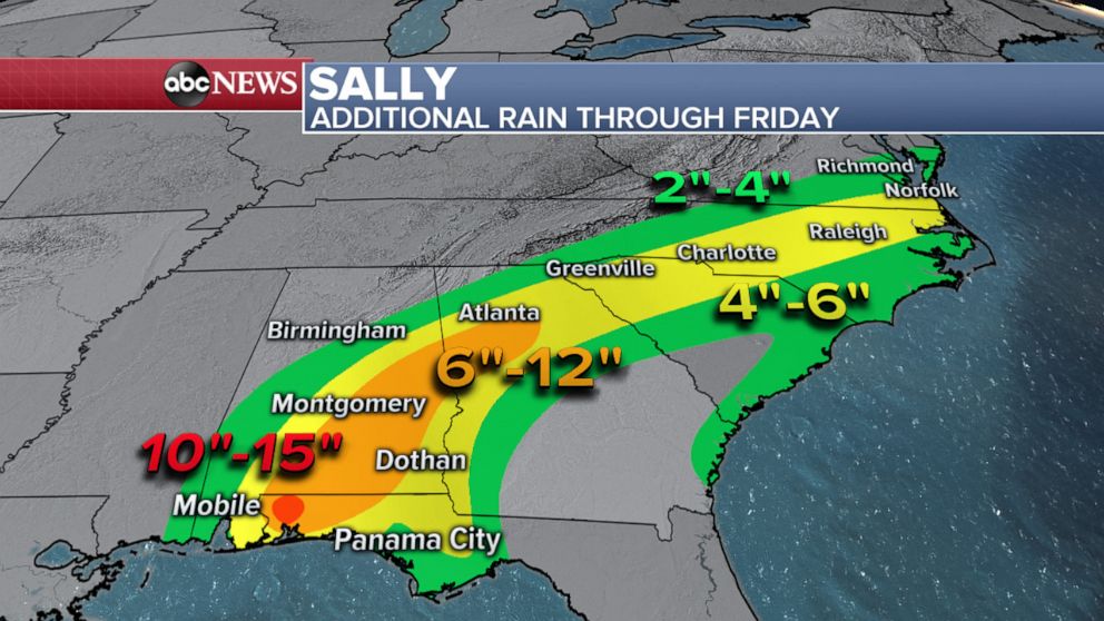 PHOTO: An ABC News weather map shows predictions for additional rain through Friday, Sept. 18, 2020.
