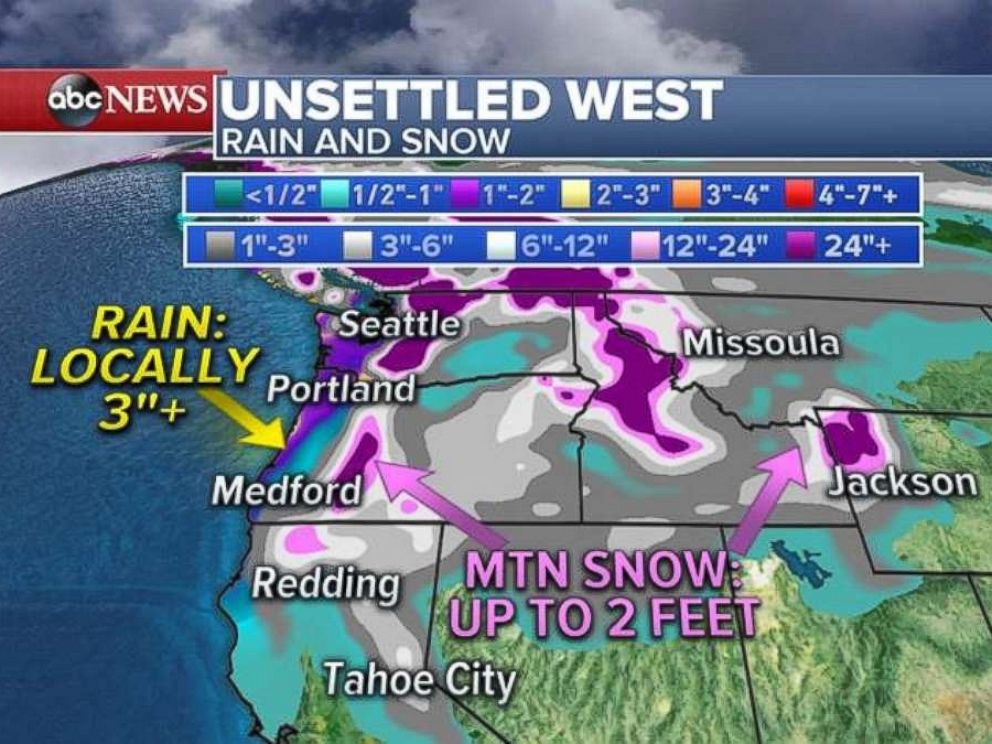 Snow and rain totals through the weekend for the Northwest region.