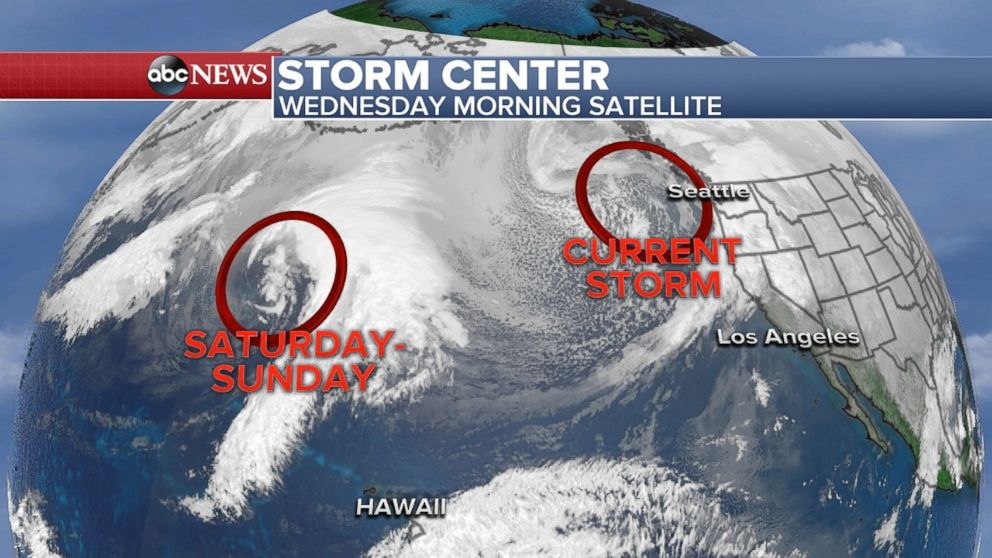One storm is battering the Pacific Northwest on Wednesday with another to follow over the weekend.