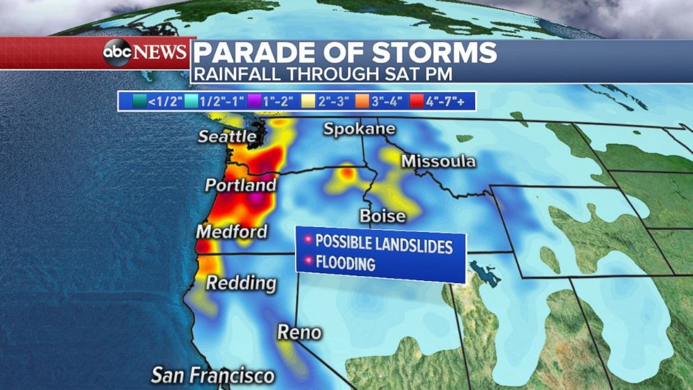 Rainfall totals for the Oregon and Washington coasts will be half a foot or more through Saturday.