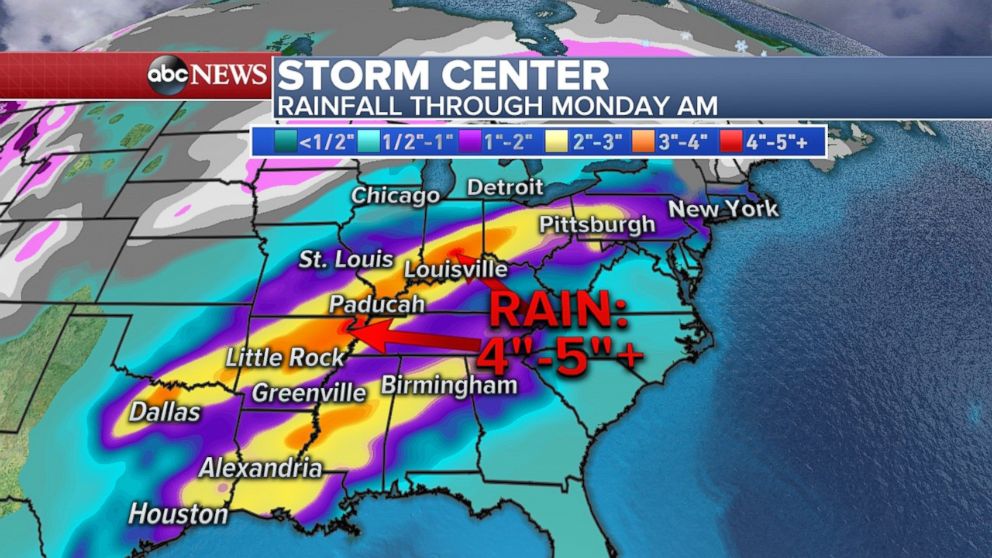 Rainfall totals of 4 to 5 inches are possible across much of the south-central United States.