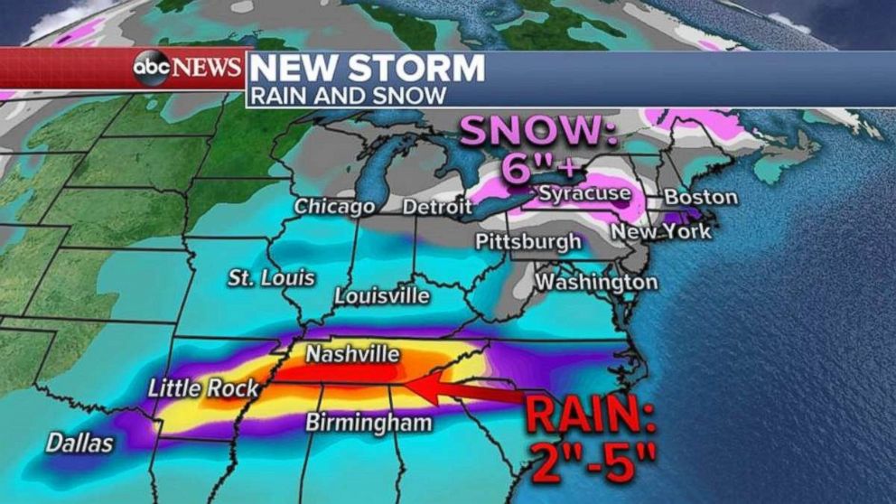 Rainfall totals will be heaviest throughout Arkansas and Tennessee.