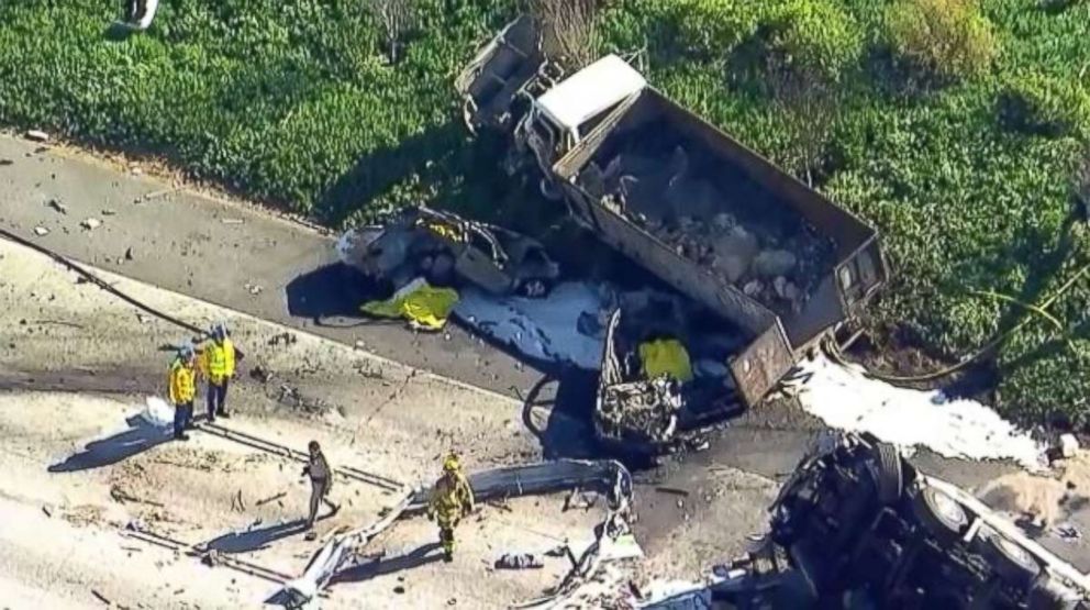 Five people were killed in an accident on the 10 freeway in Rialto, California, on Feb. 16, 2018.