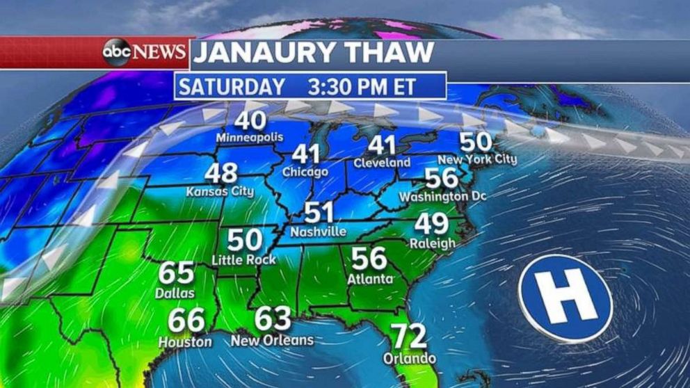 A January thaw will bring temperatures in the 40s and 50s across the Midwest and Northeast this weekend.