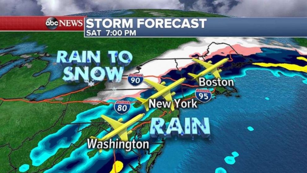 A storm front will bring snow and rain to the East Coast on Saturday evening.