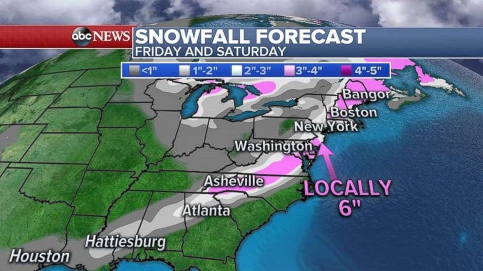 The heaviest snow totals will come in the southern New Jersey and Delaware area.