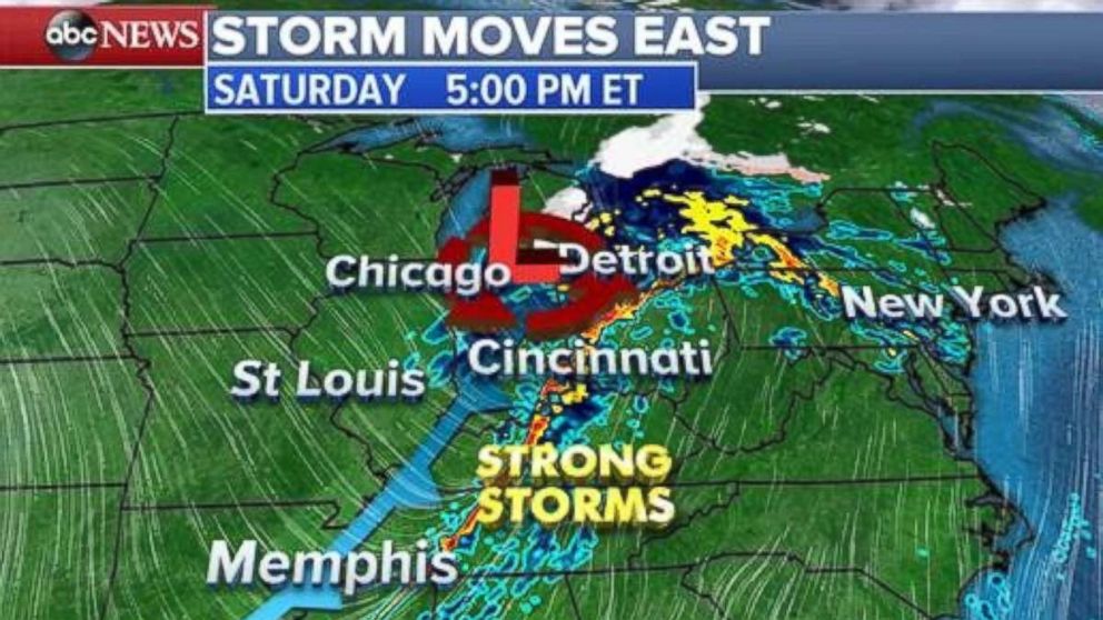 The storm system will move into the Midwest on Saturday afternoon and evening.