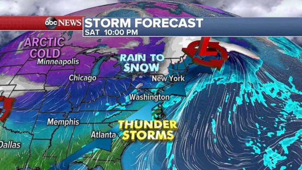 The storm front will be over the East Coast for Saturday night.
