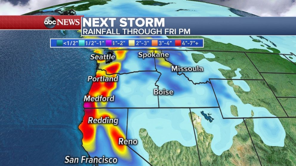 Rainfall totals through Friday could be as much as half a foot along the California, Oregon and Washington coasts.