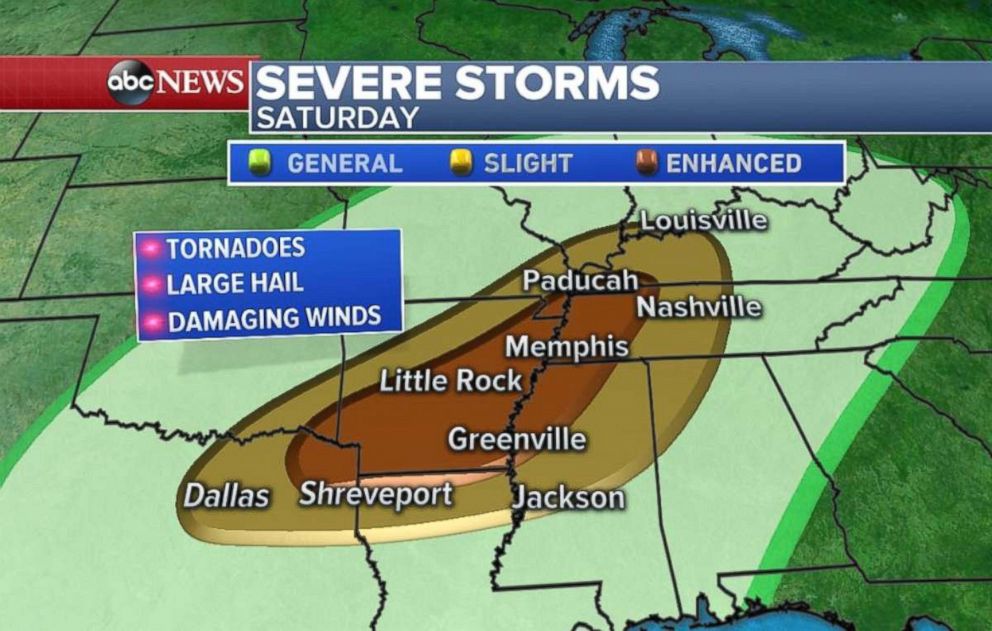 Arkansas, northern Mississippi and western Tennessee are at risk for severe weather on Saturday.
