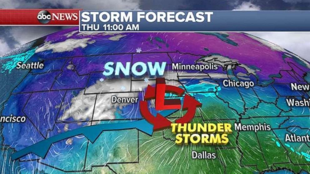 Snow will be moving through the Rockies and into the Great Plains on Thursday.