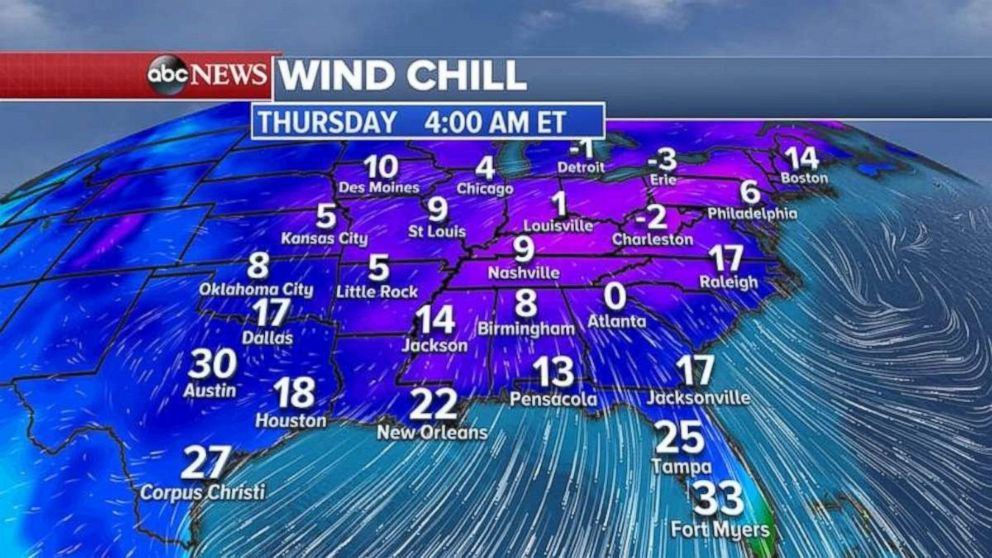 Wind chill temperatures early Thursday were in the single digits across much of the East, and below freezing all the way to Florida.