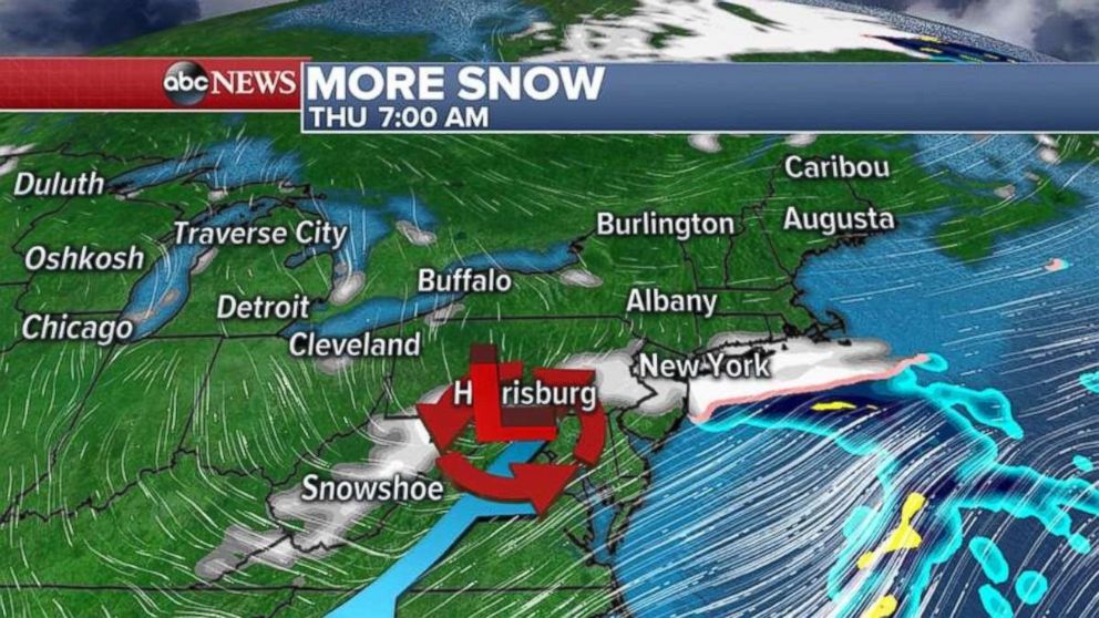 The snow or rain will move into the Northeast on Thursday morning.