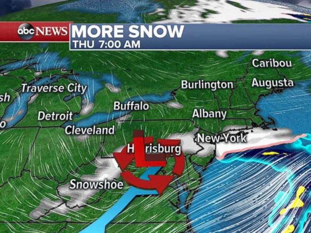The snow or rain will move into the Northeast on Thursday morning.