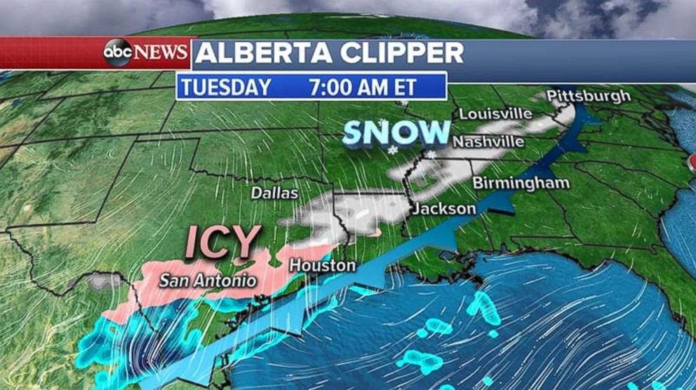 The storm is expected to bring snow and ice from the Midwest down through north Mississippi, Louisiana and eastern Texas.