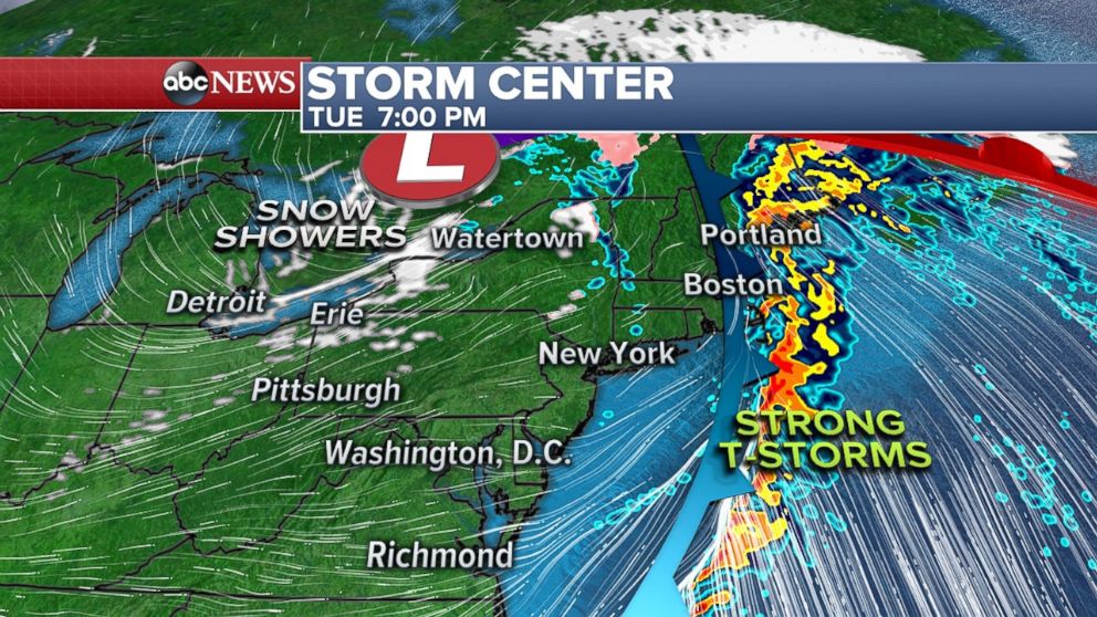 The storm will be moving out to the Atlantic by Tuesday night.