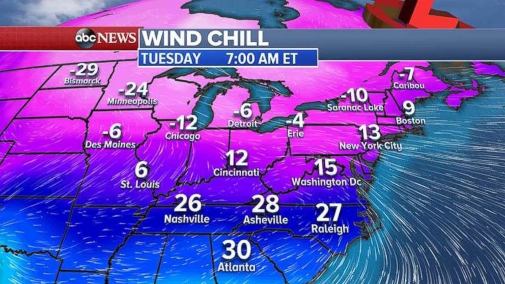 Wind chill readings will be in the 20s in the Southeast and the teens and single digits in the Northeast on Tuesday.