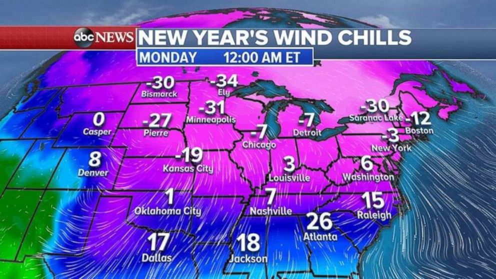Wind chill temperatures across the eastern half of the U.S. will be below zero and in the single digits.