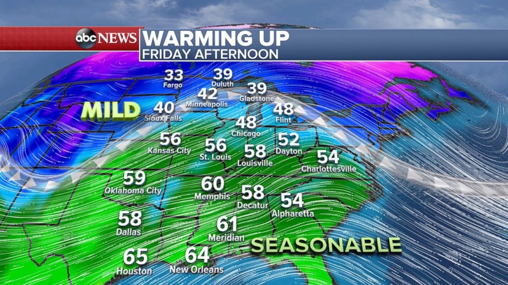 Warmer air is moving into the eastern U.S. on Friday, with a warm weekend ahead.