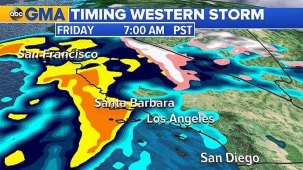 PHOTO: Heavy rain will move into Southern California by 7 a.m. PT Friday.
